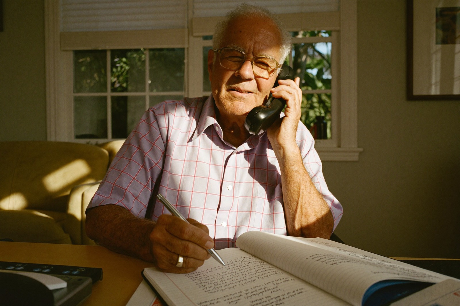 A man takes notes at his desk by a sunny window while talking on the phone