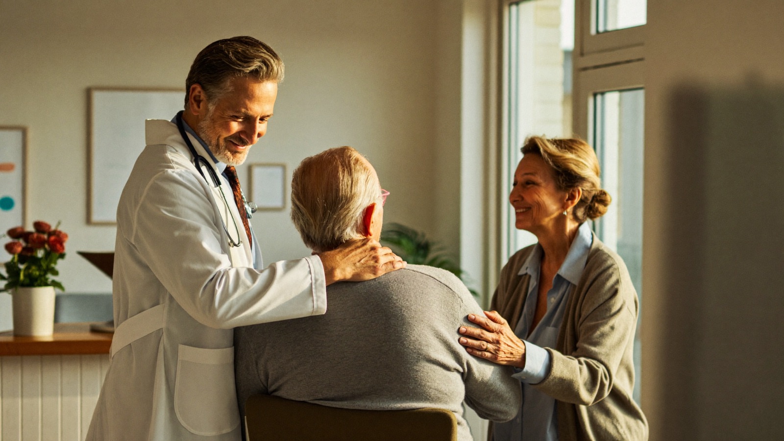 A physician warmly welcomes an elderly patient at the clinic