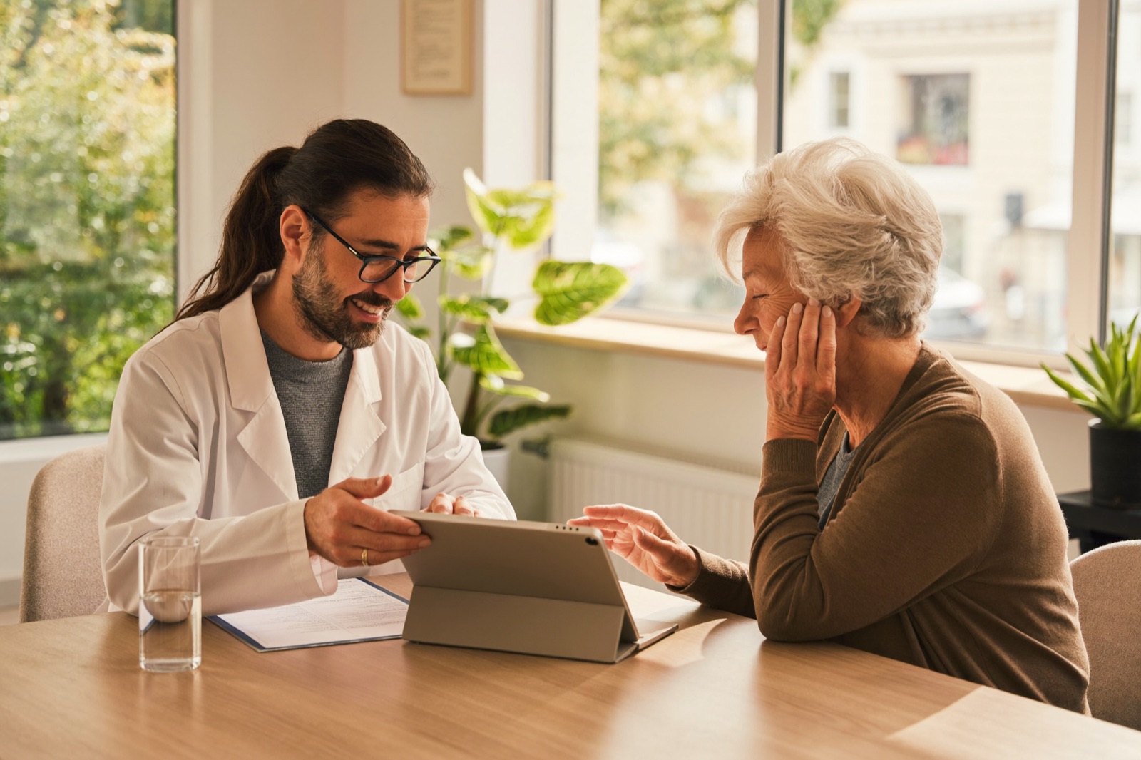 A clinician guides a smiling patient through a memory assessment